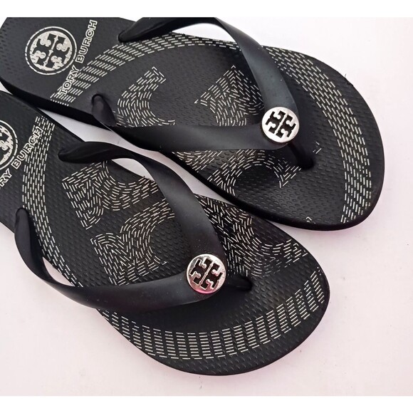 Tory Burch Emory Thong Flips Flops Blk/White Silver Logo 1/2" Straps Sz 8 - Picture 5 of 9